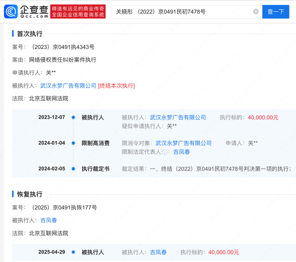 配资炒股理财平台  侵权关晓彤商家被强制执行4万